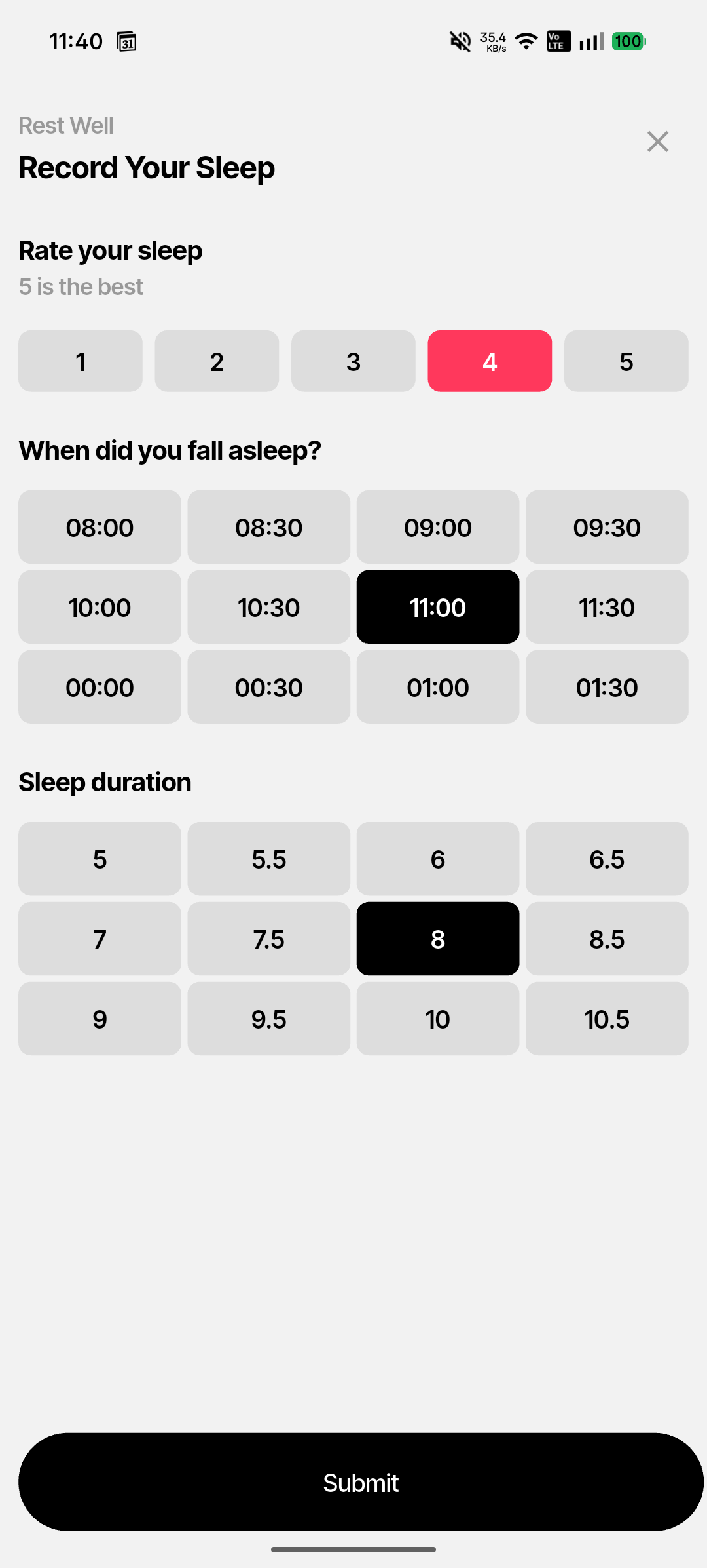 Sleep recording screen showing quality rating, bedtime grid, and duration grid
